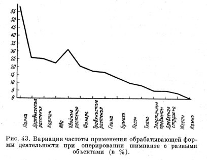 Вариации частоты применения обрабатывающей формы деятельности при оперировании шимпанзе с разными объектами (в %)